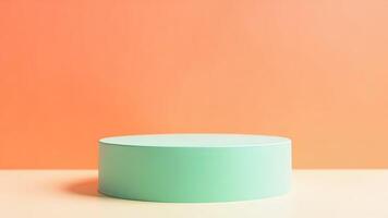 Minimalist green cylinder product display podium with orange and beige background for presentation photo