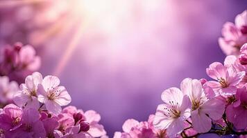 Close-up of delicate cherry blossom flowers blooming with soft sunlight and gradient purple background photo