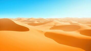 Vast desert landscape featuring rolling sand dunes and a clear blue sky under sunlight photo