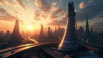 Futuristic metropolis at sunset illustrating modern architecture and transportation networks photo