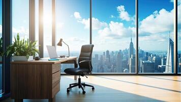 moderno ejecutivo oficina con panorámico ciudad ver presentando escritorio silla ordenador portátil y brillante soleado cielo foto