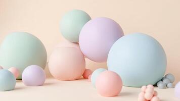 Pastel colored spheres of various sizes floating against a creamy beige background photo