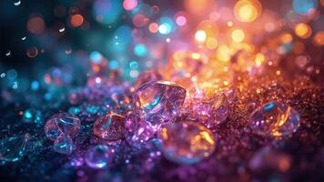 Sparkling gems and shimmering light create a dreamlike abstract background with colorful bokeh effects photo