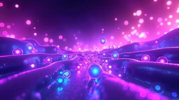 Futuristic abstract illustration of bioluminescent spheres floating above a wavy terrain in purple tones photo