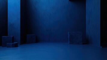 Dark blue room with geometric forms and shadowy interior design aesthetic photo