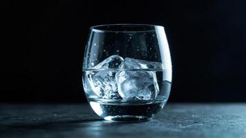 Chilled water refreshing glass of water with ice cubes against a dark background photo