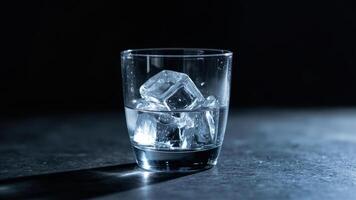Chilled refreshing water in a glass with ice cubes against a dark background photo