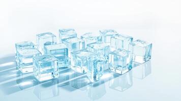 Transparent ice cubes isolated on a cool white background creating refreshing summer vibes photo
