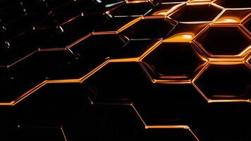Abstract futuristic hexagon pattern illuminated with glowing orange light in a dark setting photo