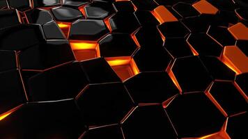 Abstract geometric black and orange honeycomb pattern texture with vibrant glowing effect. photo