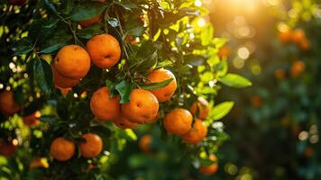 Close up of orange fruits growing on a tree branch with sunlight and green leaves photo