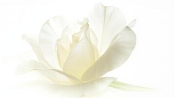 Delicate white tulip bloom in soft focus showcasing petal details and subtle shadows on a clean white backdrop. photo