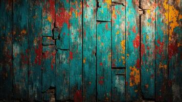 Vintage wooden planks with vibrant teal, red, and yellow paint, weathered and textured for a rustic backdrop with abstract artistic patterns. photo
