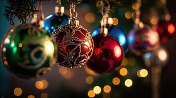 Festive christmas ornaments hanging on a pine branch with bokeh effect for holiday season decorations photo