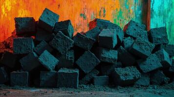Abstract pile of concrete cubes with a vibrant colorful backdrop illuminated by contrasting light and shadow effects photo