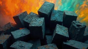 Abstract composition of rough textured blocks in shades of grey and blue arranged seemingly haphazardly against a vibrant orange and turquoise background. photo