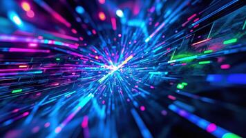 Abstract digital artwork showing a vibrant explosion of light and data streams with dynamic streaks of color against a dark backdrop. photo
