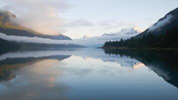 Serene landscape of a mountain lake with mirror-like reflections and majestic peaks under a misty sky photo