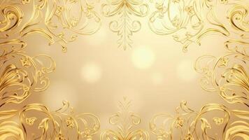 Elegant gold floral swirl design creating a sophisticated pattern against a soft bokeh background suitable for luxury invitations and decorative projects photo