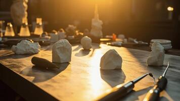 Creative workshop scene featuring sculpting tools and clay pieces in warm sunlight photo