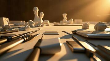Sculpting workspace displaying tools and clay objects illuminated by warm natural sunlight photo