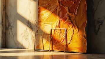 Abstract textured artwork illuminated by sunlight with elegant golden frames creating a luxurious aesthetic photo