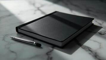 Elegant black notebook and pen resting on a luxurious marble surface under sunlight photo