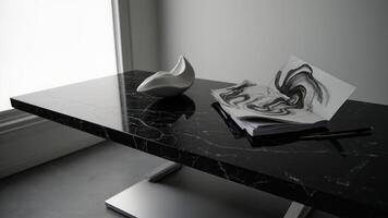 Modern minimalist table setting with marble surface and abstract artwork for interior design photo