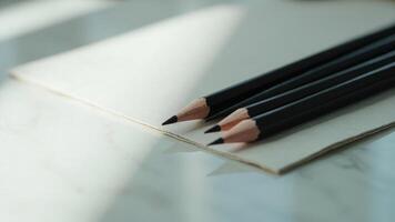 Close up of black pencils with sharp tips resting on a neutral textured paper sheet photo