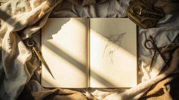 Artistic sketchbook with pencil drawing and antique tools on textured fabric background photo