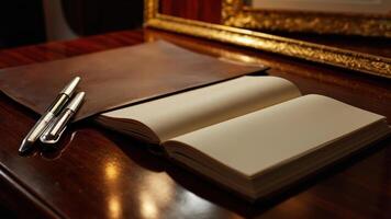Luxury notebook and pen displayed on a polished wooden tabletop with golden frame details photo