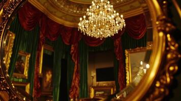 Luxurious interior reflection with gilded mirror and crystal chandelier in opulent victorian setting photo