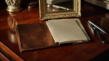Elegant workspace featuring leather bound notebook pens mirror and refined antique desk photo