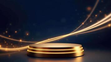 Elegant golden podium with glowing light streaks on a dark blue background for presentation photo