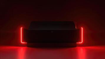 Futuristic black box with vibrant red neon lights on dark red background photo