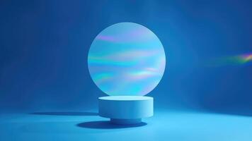 Blue minimalist pedestal with holographic circle for product display against a vibrant blue background photo