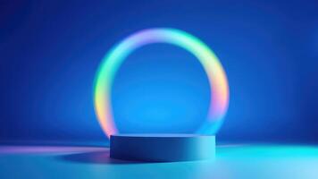 Minimalist blue stage product display with rainbow gradient lighting and empty pedestal for branding photo