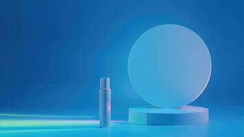 Minimalist product display with cosmetic bottle and geometric shapes in vibrant blue studio setting photo