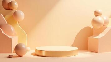 Abstract 3d rendered scene with a golden podium and geometric shapes for product display photo