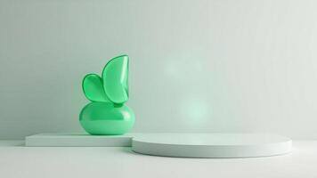 Minimalist abstract render of a green plant sculpture with empty podiums for product display photo