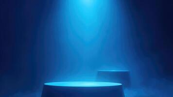 Blue illuminated stage with empty platforms for product presentation or display in a smoke filled room photo
