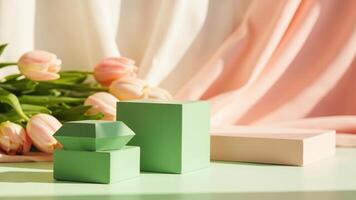Elegant pastel green geometric product display with soft pink tulips and fabric backdrop photo