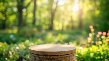Rustic wooden podium display in a lush green garden setting with soft bokeh background photo