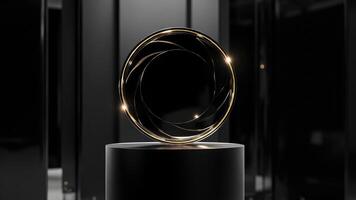 Abstract design with aperture and golden accents on a black pedestal with high glossy background photo
