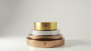 Metallic display pedestal in gold silver and bronze with decorative embellishments and gradient background photo