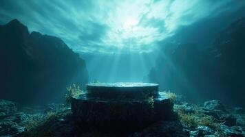 Underwater stone platform illuminated by sunlight rays in a deep blue ocean setting with lush vegetation photo