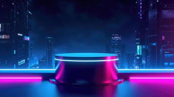 Futuristic stage platform with neon lighting and a cyberpunk cityscape background for product presentation or display photo