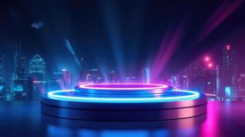 Illuminated stage with neon lights in a futuristic cityscape for product presentation and technology display photo