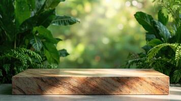 Wooden product display platform with a green bokeh background surrounded by lush tropical foliage for product showcasing. photo