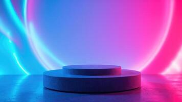 Neon illuminated stage podium with circular steps for product display in modern futuristic environment photo
